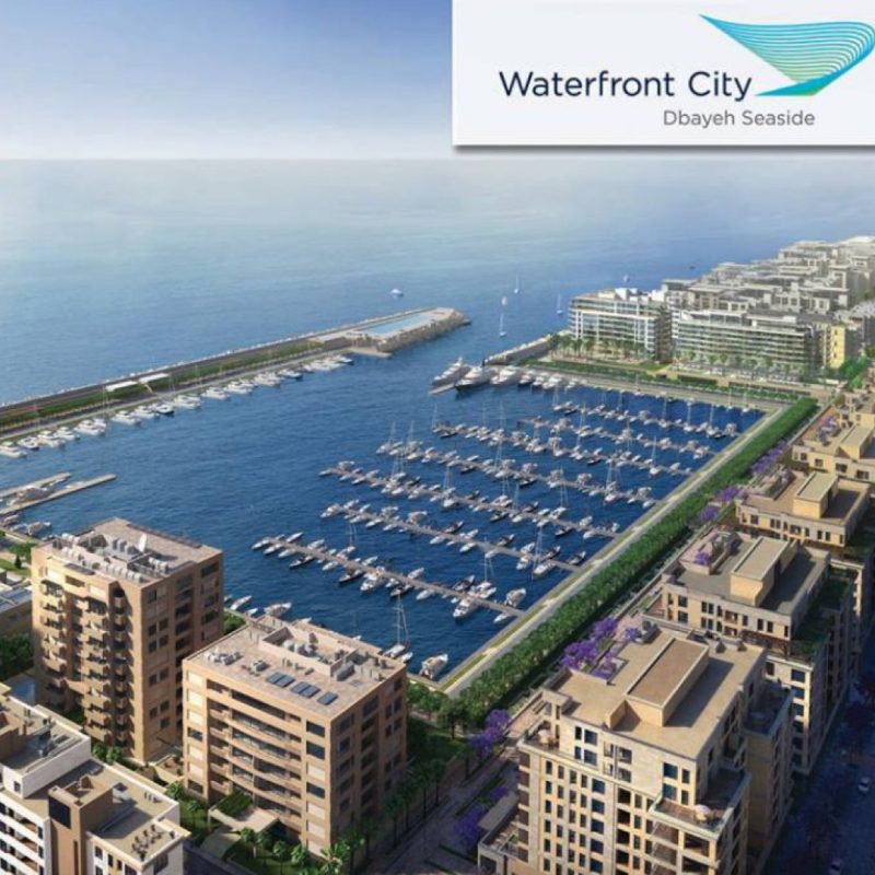 Aerial view of Waterfront City in Dbayeh, Lebanon, with its marina